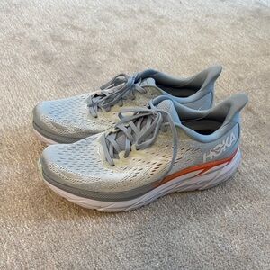 Hoka Light Blue and Orange Clifton 8